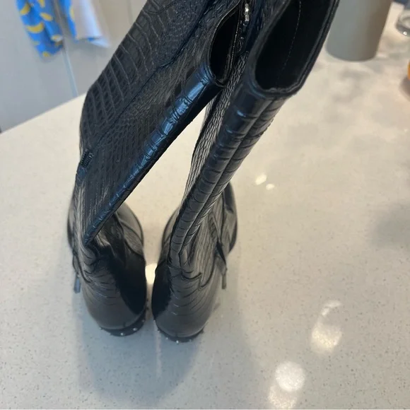 Sam Edelman Black Leather Cowboy Western Boots with Crocodile-Embossed Pattern - Picture 3 of 7